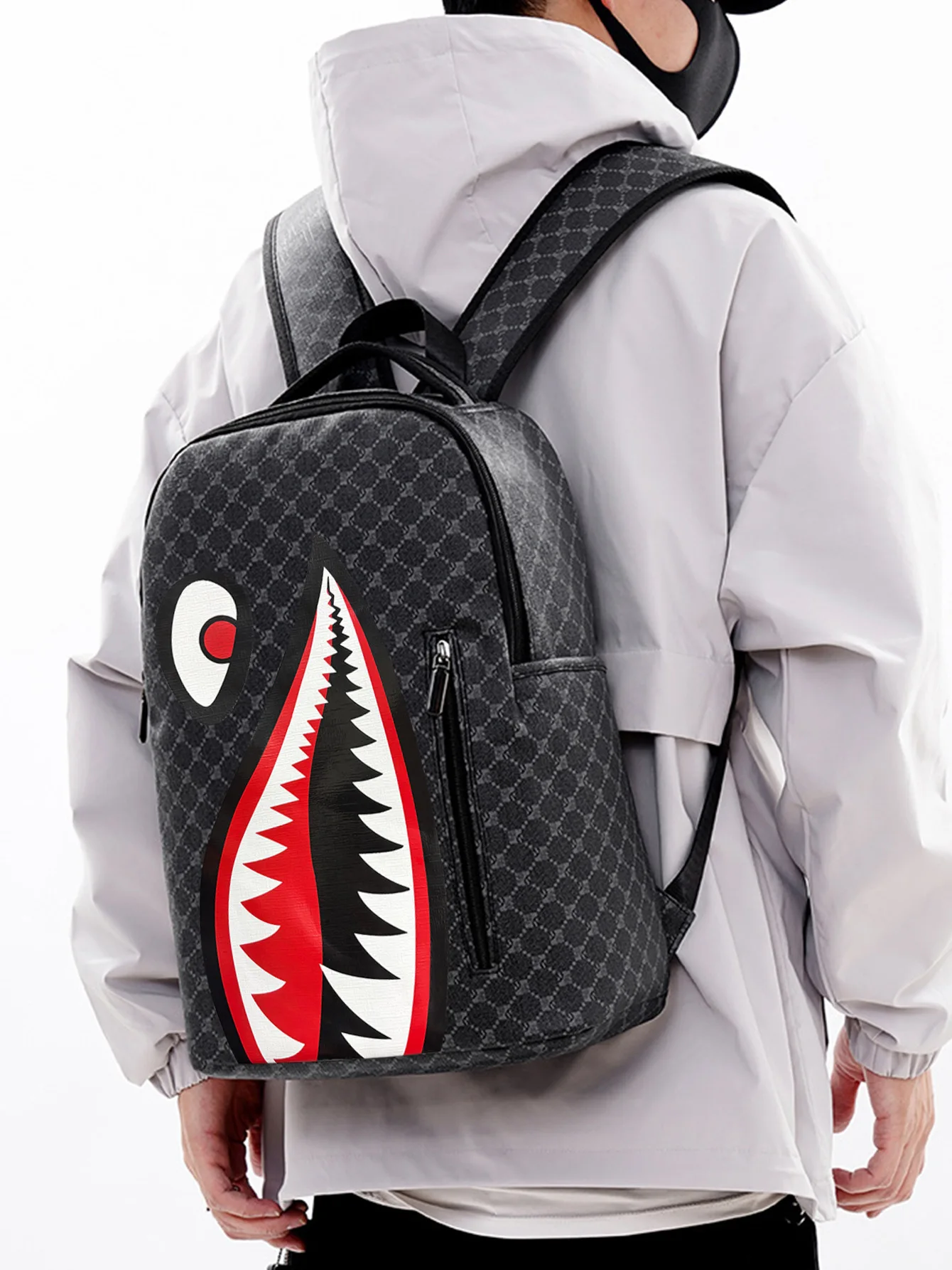 حقيبة ظهر رجالية مستوحاة من القرش - حقيبة نهارية كاجوال للأعمال بسعة كبيرة، حقيبة مدرسية جامعية أنيقة للحرم الجامعي