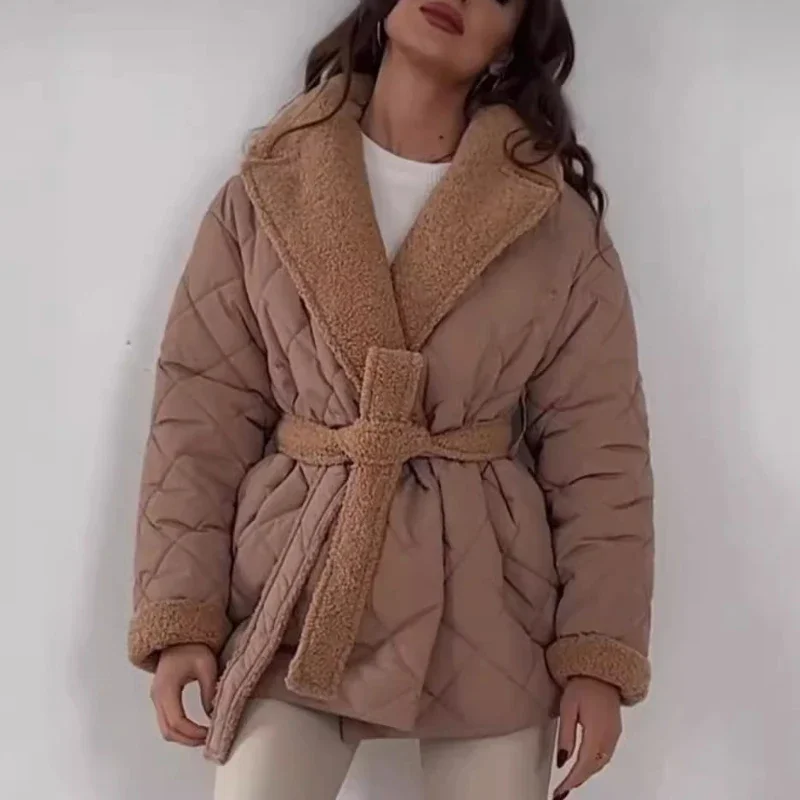 Comfortable And Casual Ladies Cotton-Padded Jacket Lapel Waist Lace-Up Coat Women's  Winter Warm Fashion Design Women's Clothing