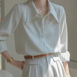 White Elegant Social Women's Shirt Spring and Summer 2024 New Striped Long Sleeved Shirt Women's Commuting Professional Shirt