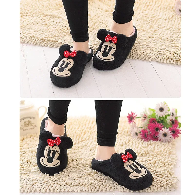 Disney Mickey Plush Slippers Minnie Mouse Couple Warm Soft Home Indoor Flat Shoes Winter Cartoon Anime Kawaii Girls Cotton Shoes