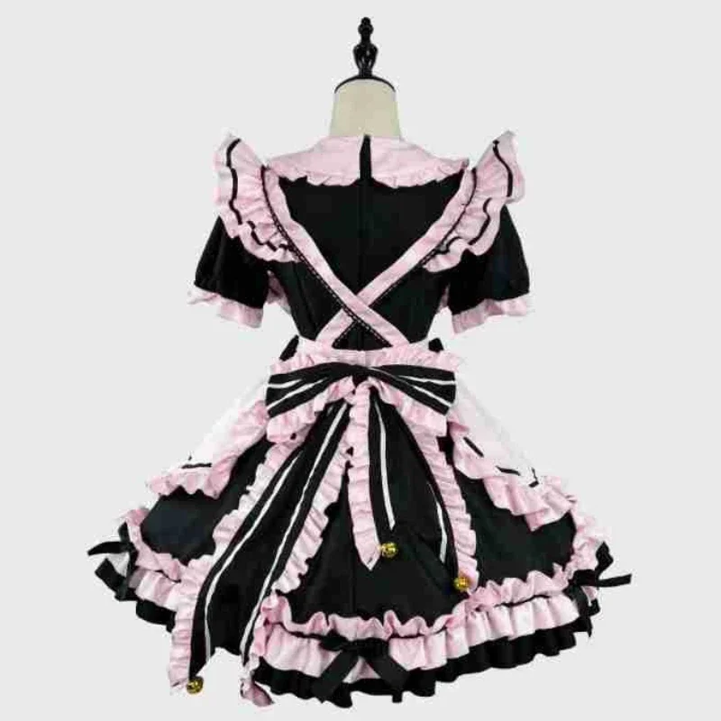 Vestido Anime Gothic Lolita JSK, Manga Curta, Vestidos de Festa Kawaii Bow Maid, Gatos Menina Cosplay, Harajuku Bonito Rosa Ruffles, Preto