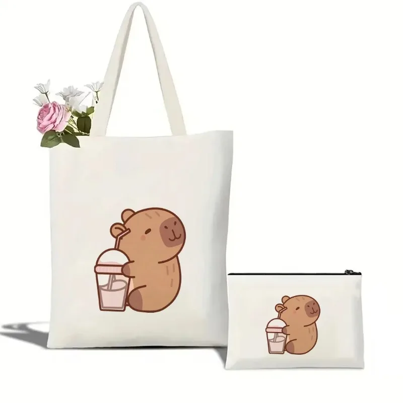 Tas Belanja Kanvas Pola Capybara Menggemaskan Tas Tote Katun Kapasitas Besar untuk Siswa Perjalanan Kantor Aksesori Kawaii Trendi