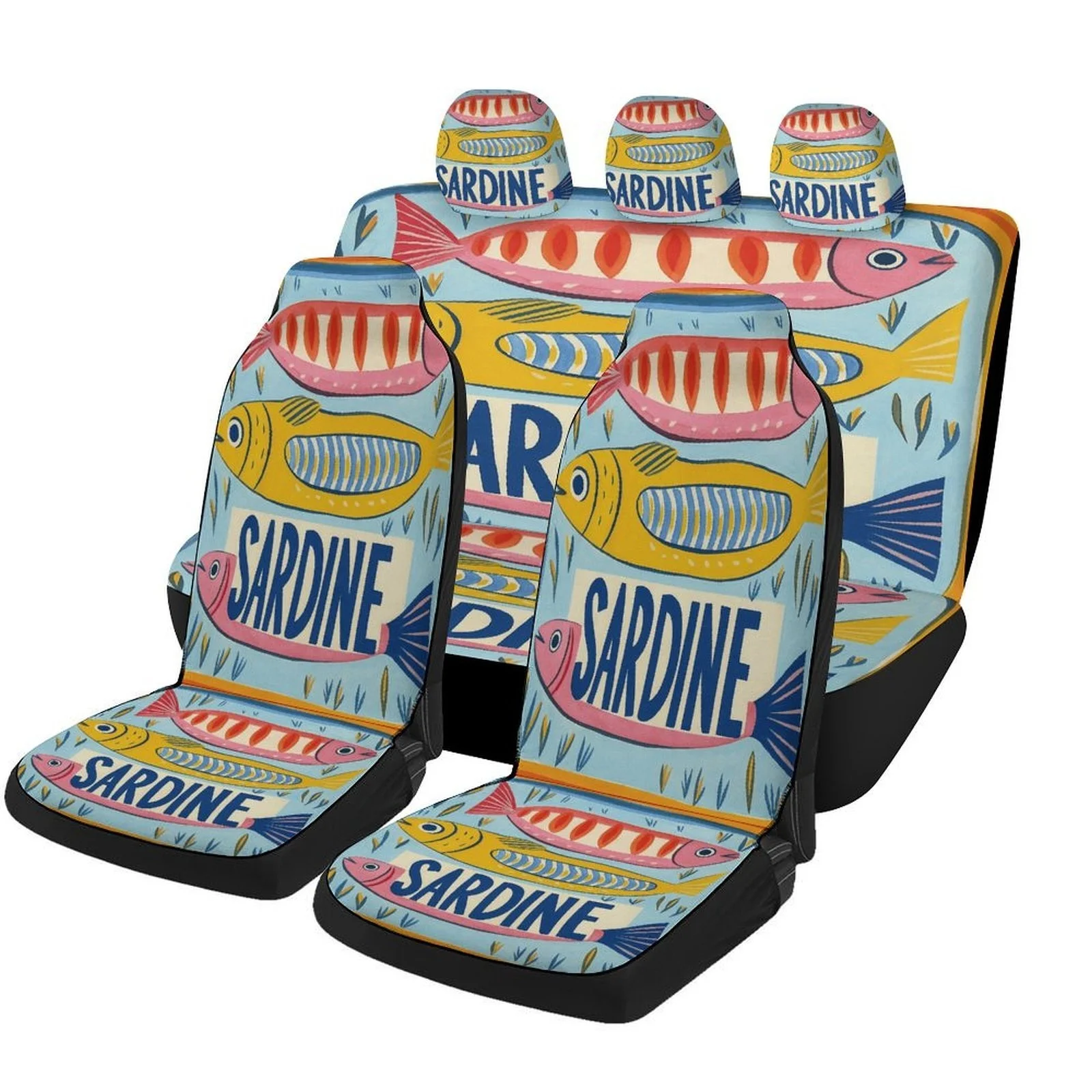 Set Of Car Seat Covers Featuring Sardine Fish Art, Designed For Various Vehicles. Stylish And Durable, This Complete Set Include