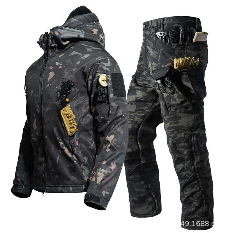 Herren Taktisches Softshell 2-Teiliges Set Kapuzen-Fleecejacke Multi-Taschen-Cargohose Winddichter Militäranzug für Outdoor-Wanderungen und Camping – Detail 3