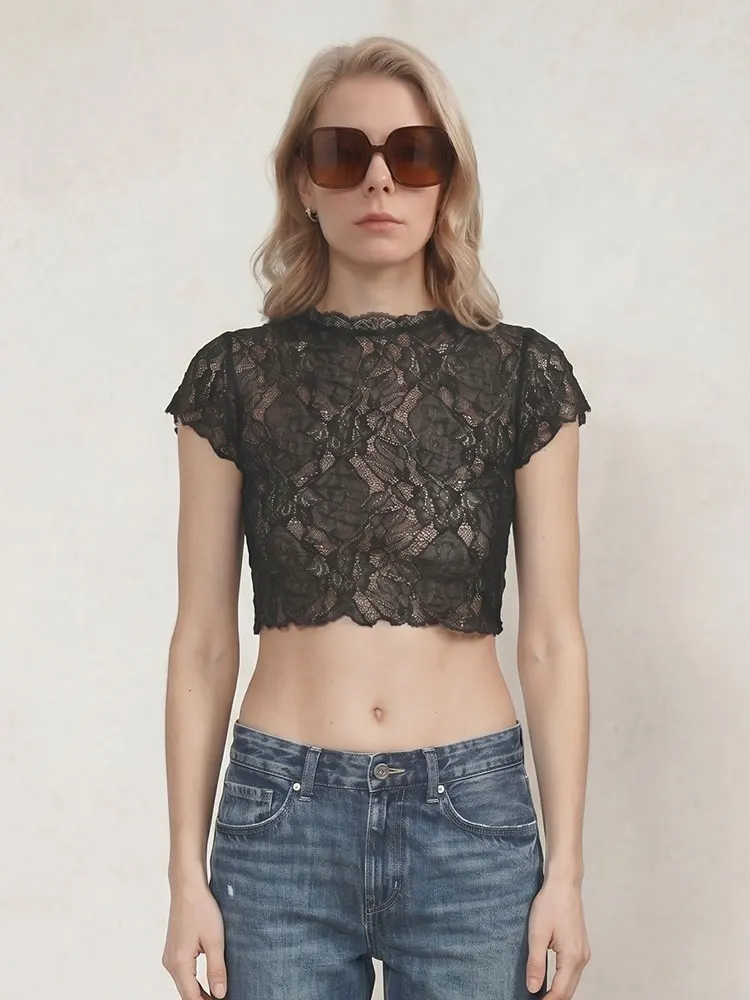 HH Elegant Womens Short Sleeve Shirt Black Lace Slim Top for Summer Casual Holiday Sexy Party Fashion Vacation Beach T-Shirts