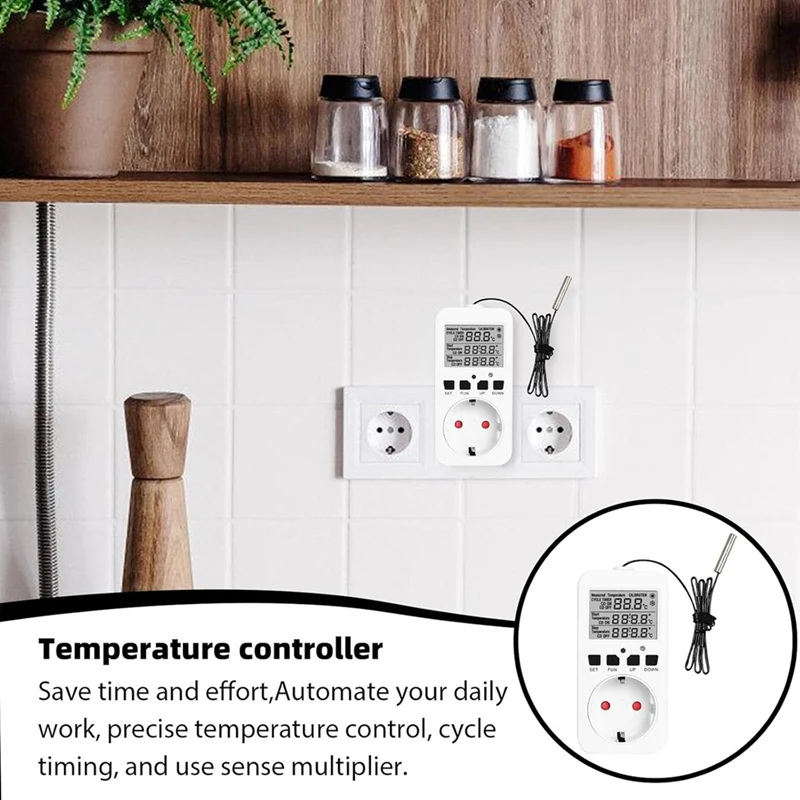 FULL-Digital Temperature Controller Sockets,16A Heating Cooling Thermostat Socket With Sensor For Greenhouse EU Plug