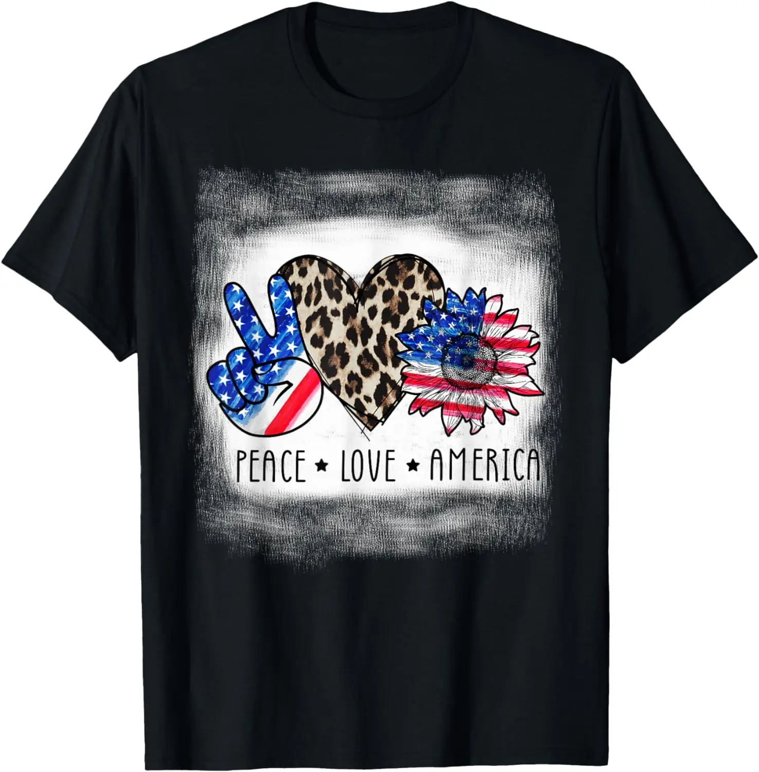 

Peace Love America Bleached With Leopard Sunflower US Flag T-Shirt