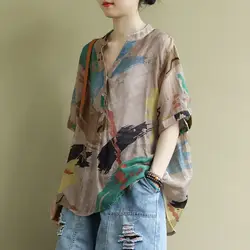 Ethnic Style Retro Artistic Loose Oversized Loose Slimming Women's Shirt Summer Short Sleeved Casual Printed T-shirt for Women