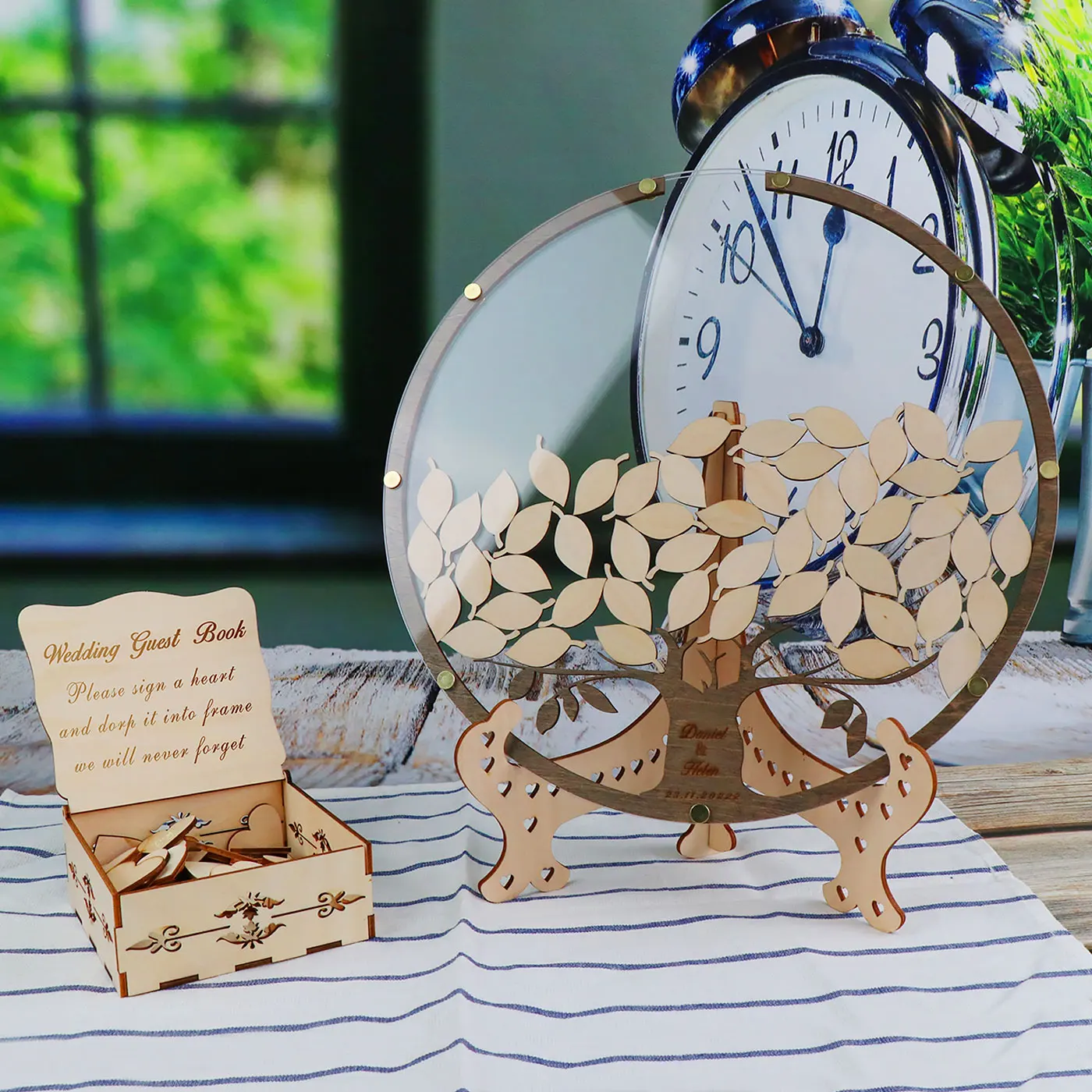 Personalized Tree with Leaves Wedding Guest Book Alternative Custom Drop Round Tree with Box Leafs Rustic Wedding Decorations