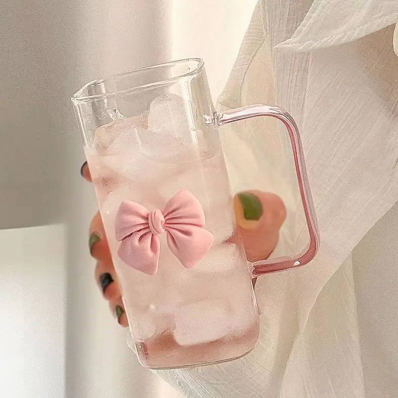 Transparent Glass Straw Cup with Handle, Simple Square Water Cup, Bow Decoration, High Temperature, Coffee Milk Cup, Gift