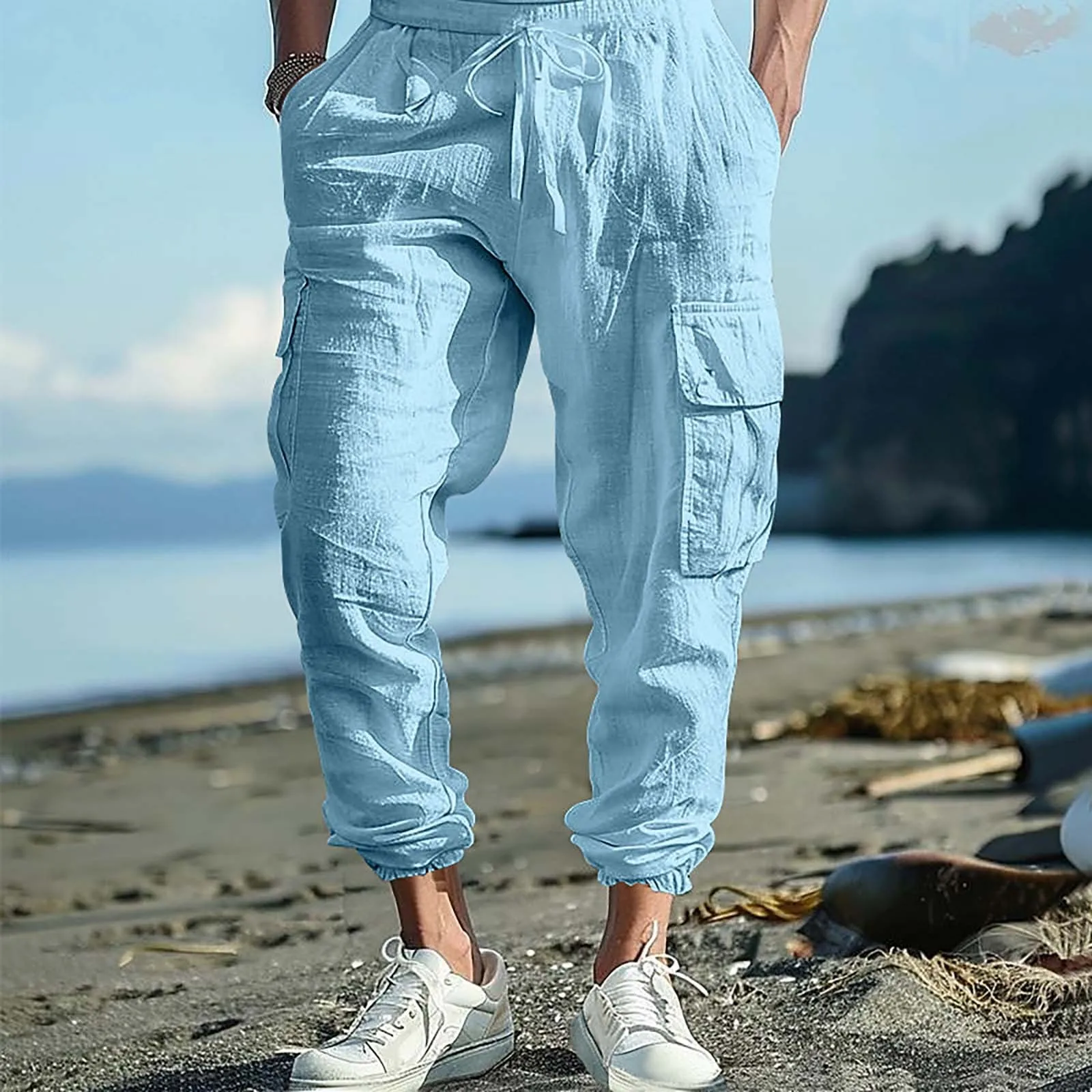 Mens Long Pants Summer Drawstring Trousers Leisure Resort Trousers Men Thin Oversized Loose Straight Leg Pant New Thin Foreign