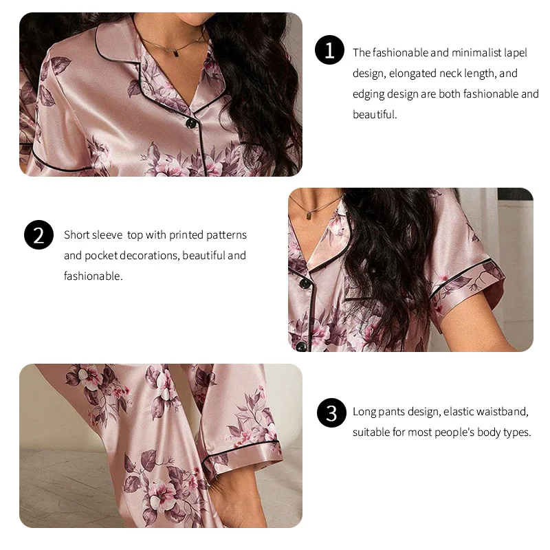 Women\'s Pajamas Elegant Satin Sleepwear Pj Set Flower Print Short Sleeve Buttons Lapel Tops & Long Pants Nightwear Home Clothes