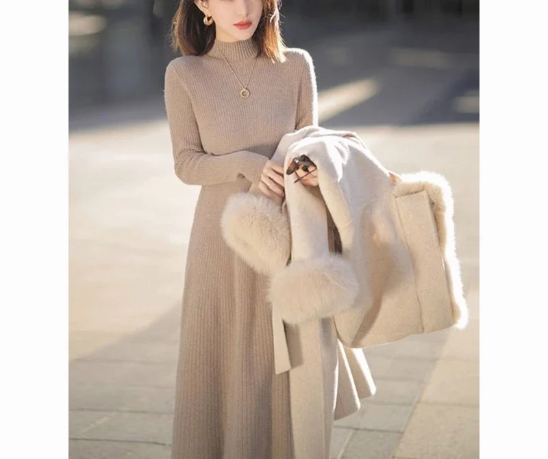 

Woolen Dress Women's Autumn Winter French Luxury Half High Collar Inner Bottom Knitted Dress