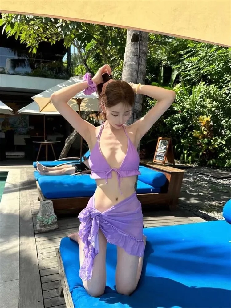 Estilo americano picante menina roxo ins estilo picante menina biquíni verão sexy bonito saia de malha picante menina maiô de três peças conjunto