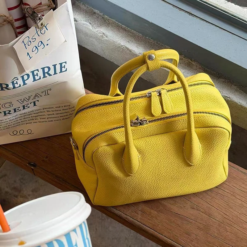 

Женская сумка-боулинг из ПУ с текстурой личи, желтая, весна-лето 2026, с двумя отделениями, на плечо/через плечо