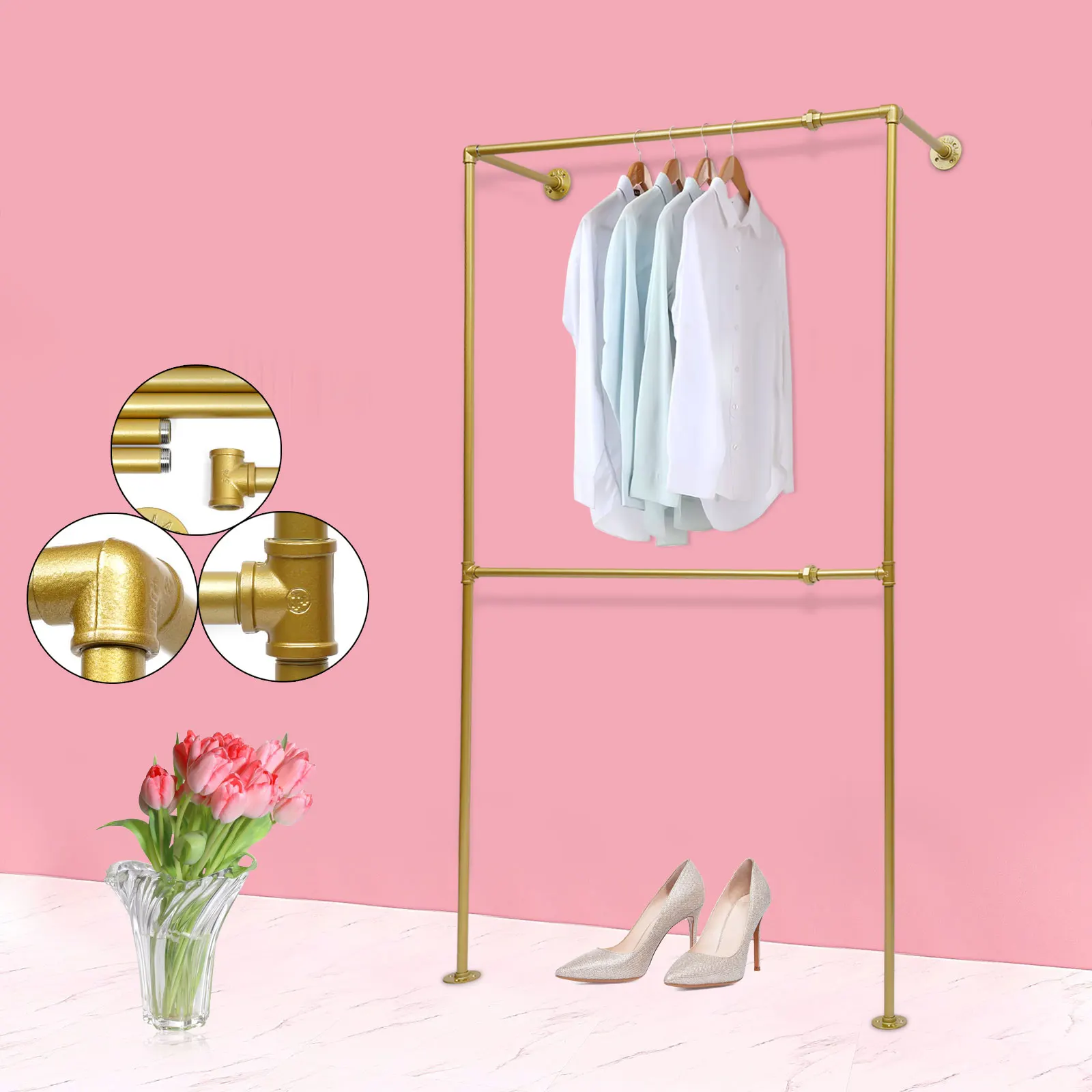 

120*40*210cm Gold Floor Hanger 2-layer Clothes Storage Rack High Load-bearing Shelf Used in Homes and Clothes Shops