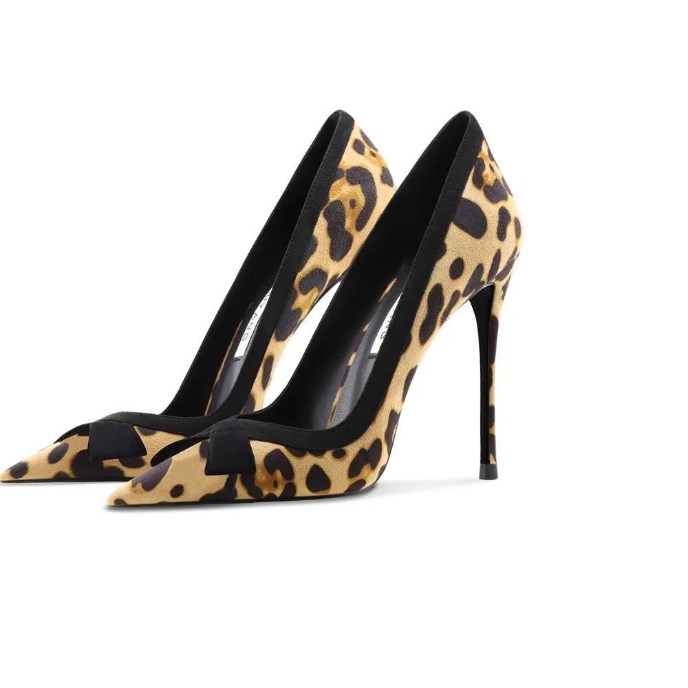 

Sexy Womens Suede High Heels Leopard Print Pointed Toe Slip On Pumps Cross Strap Design