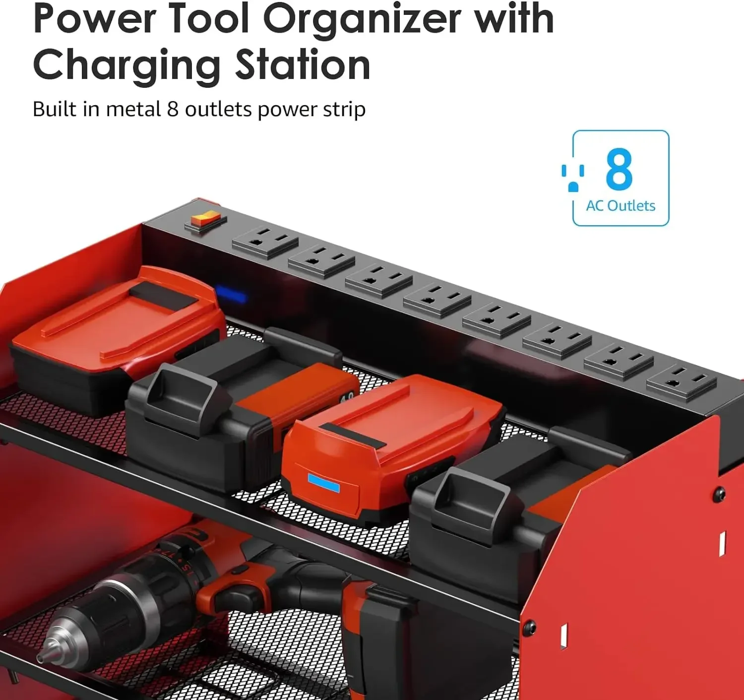 Modular Power Tool Organizer Wall Mount with Charging Station. Garage 4 Drill Storage Shelf with Hooks, Screwdriver