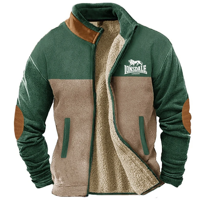 Men's Retro Cotton Jacket with Thick Fleece and Stand-Up Collar, LONSDALE Top Jacket, Loose Plus Size Jacket