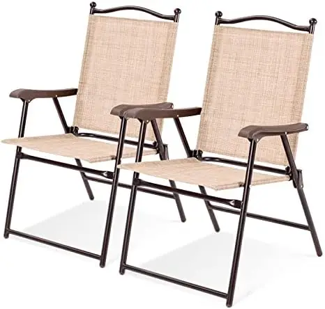 

Set of 2 Patio Folding Dining Chairs, Outdoor Sling Lawn Chairs with Armrests, Steel Frame, Portable Camping Lounge Chairs for B