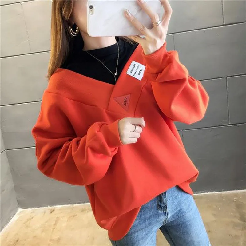 

Fashion Spliced Loose Letter Fake Two Piece Tee Shirt Female Clothing 2023 Winter New Oversized Casual Tops All-match T-Shirt