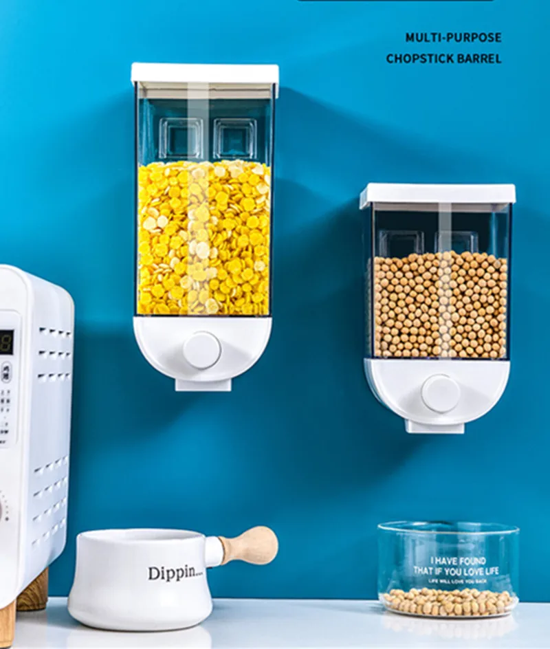 

Kitchen Food Storage Organizer Wall Mounted Dry Food Cereal Dispenser Snack Grain Plastic Storage Container Box Rack for Kitchen