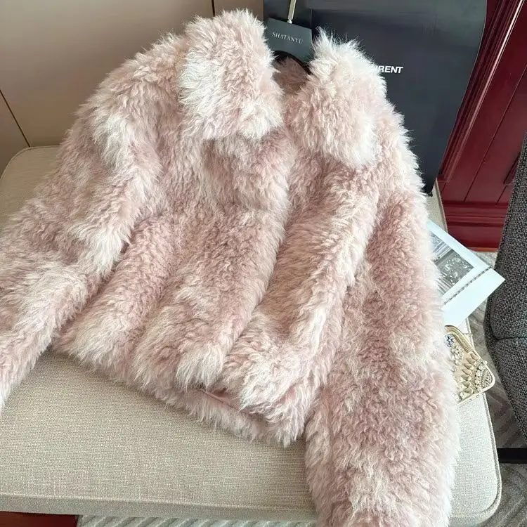 Winter Women Pink Lapel Collar Curly Hairy Shaggy Soft Faux Fur Coat Long Sleeve Furry Warm Jacket Short Outerwear