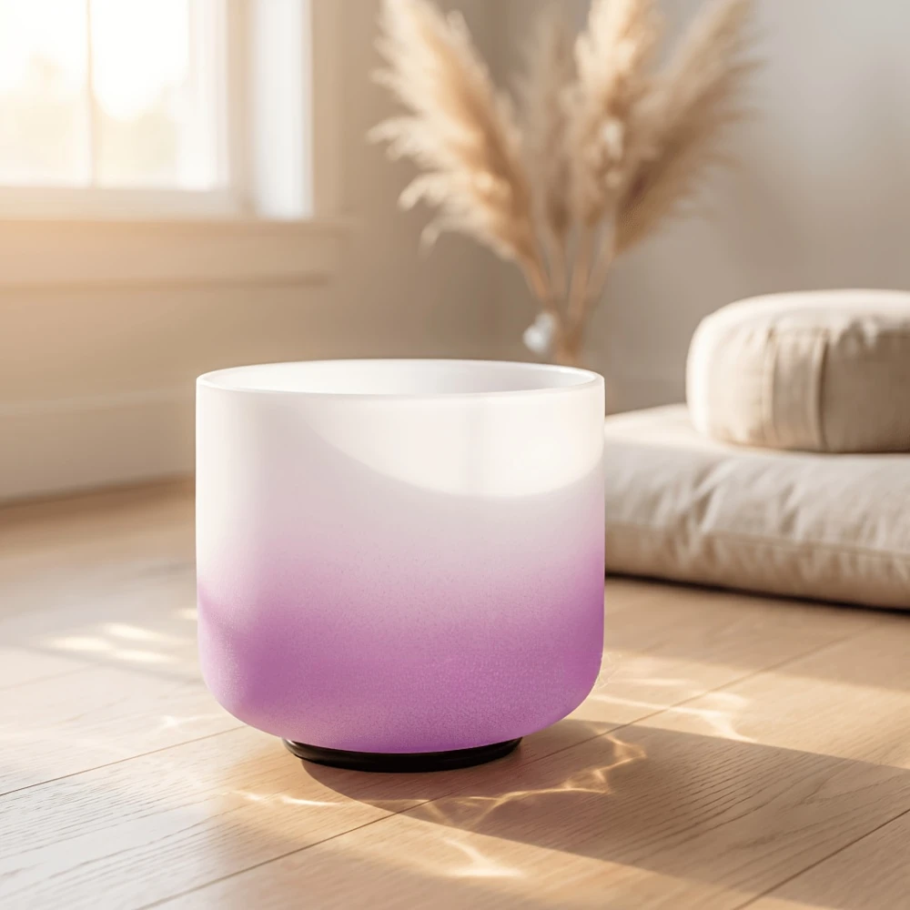 6-Inch purple gradual change frosted quartz crystal singing bowl with rubber base - chakra singing bowl for sound bath, yoga