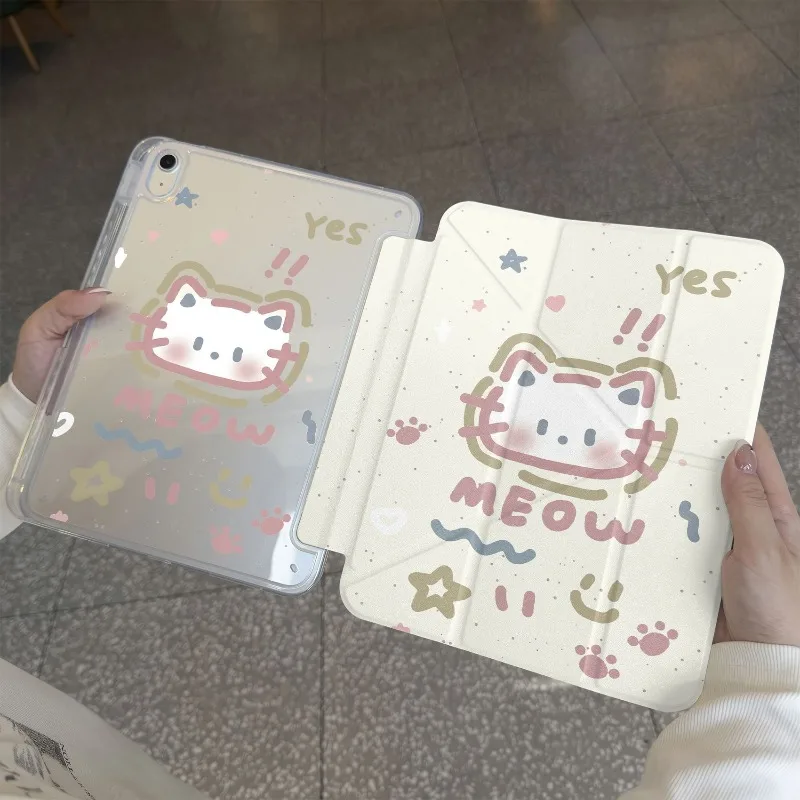 Hand-drawn Kitten 3+Y-Shaped Folding Cover for Samsung S7 S10 S9 12.4 S6 Lite S10 Lite SUM Tab S7 S8 S9 11 A9 8.7