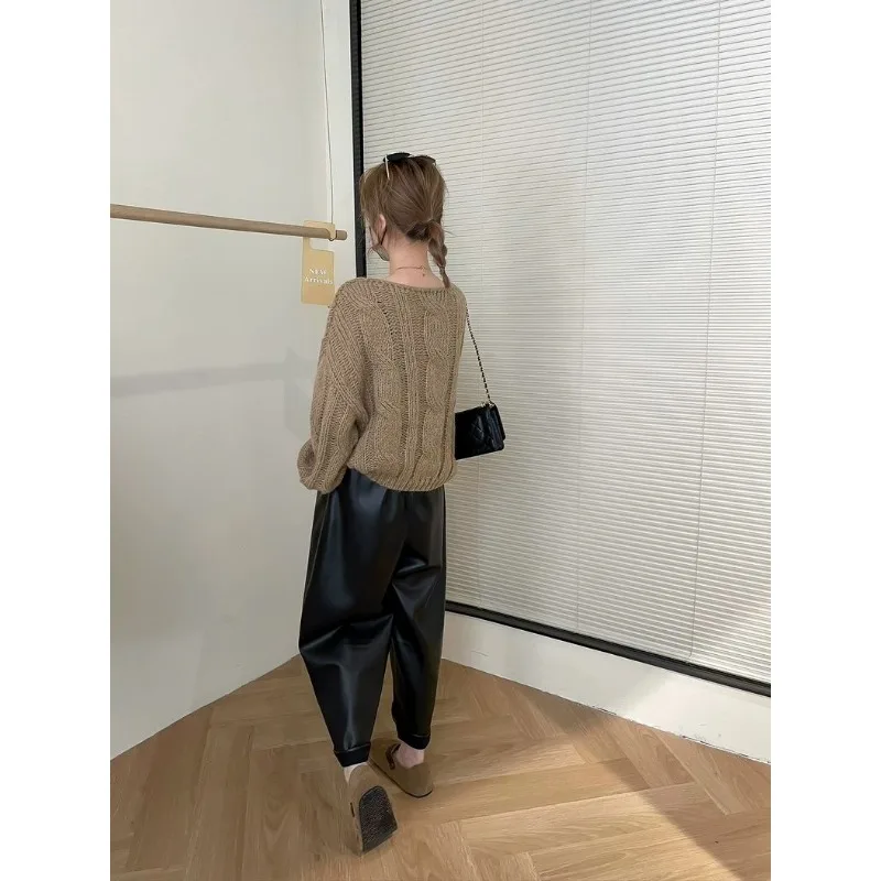 Outono e inverno estilo coreano couro do plutônio calças de perna larga para mulheres preto cintura alta solta moda nove pontos calças