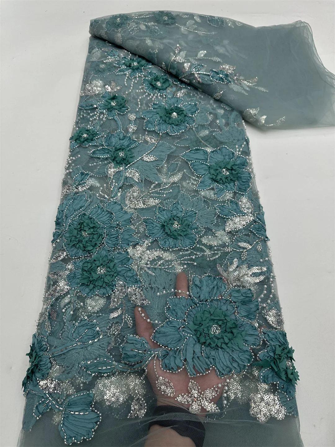 Renda Payet Manik-Manik Buatan Tangan Afrika 2025 Mode Mewah Bunga 3D Renda Jala Prancis Nigeria untuk Gaun Pengantin Wanita