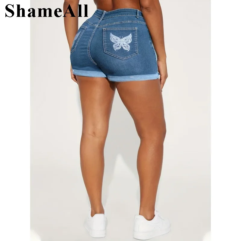 

Plus Size Butterfly Embroidery Cuffed Roll Up Hem Short Jeans 4XL Stretch Denim Shorts Summer High Waisted Short Hotpants