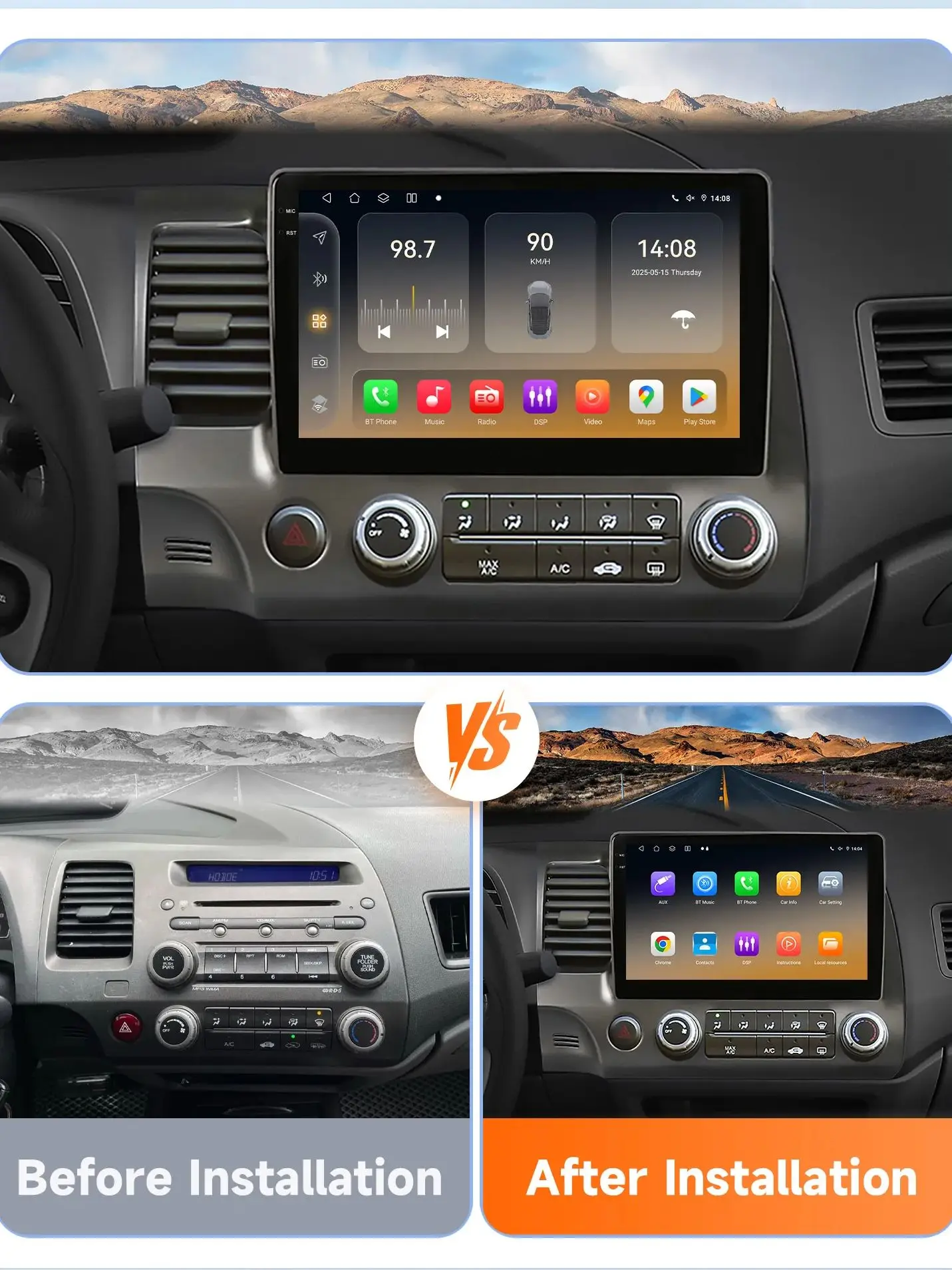 2Din 360-Grad-Kamera Android 14 Autoradio für Honda Civic 8 2006-2011 Auto-Multimedia-Player Intelligenter Bildschirm Autoradio Carplay 6115