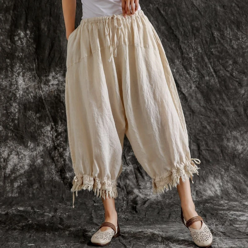

Весенне-осенний художественный стиль, женские шаровары с эластичной резинкой на талии, винтажные хлопковые и льняные брюки с кисточками, свободные повседневные брюки высокого качества