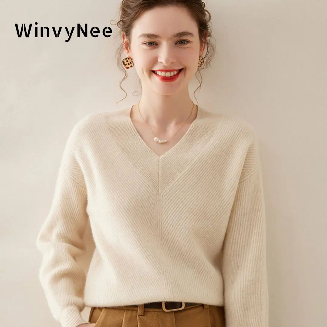 

WinvyNee Women Clothing Cashmere Merino Wool Sweater Long Sleeve V Neck Wool Loose Casual Soft Warm Oversized Pullover A1054011A