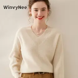 WinvyNee Women Clothing Cashmere Merino Wool Sweater Long Sleeve V Neck Wool Loose Casual Soft Warm Oversized Pullover A1054011A