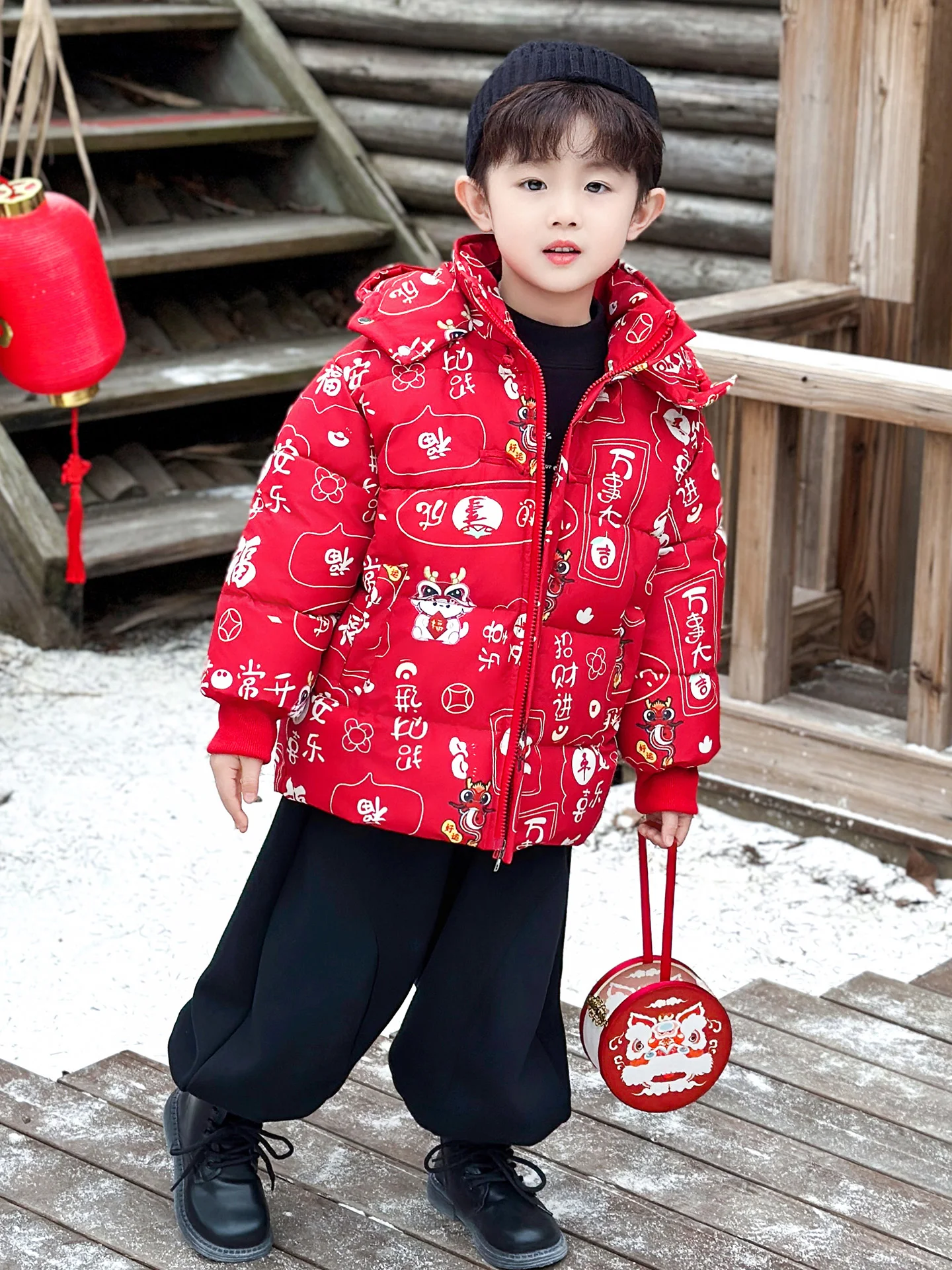 

Cool Thiened Cotton Jaet for Boys Winter Warm Hooded Coat Children's New Year Visit Clothes Polyester Fiber Long Sve