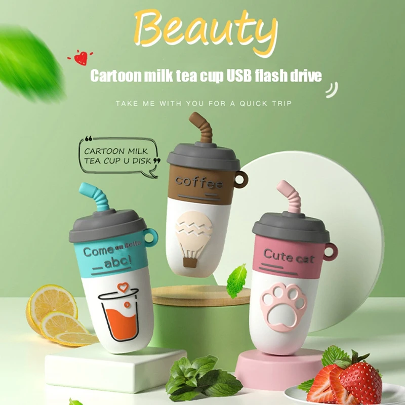 U Disk USB Flash Drive Cute Cartoon Milk Tea Cup Music Car External Storage Computer U Disk Blue