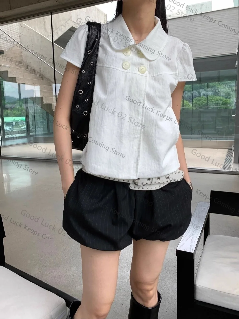 

2025 Retro Japanese Sle ort Sve irt Casual Doll Collar Four Buttons Girl Feeling Top Commute Korean Sle Loose Fit irt