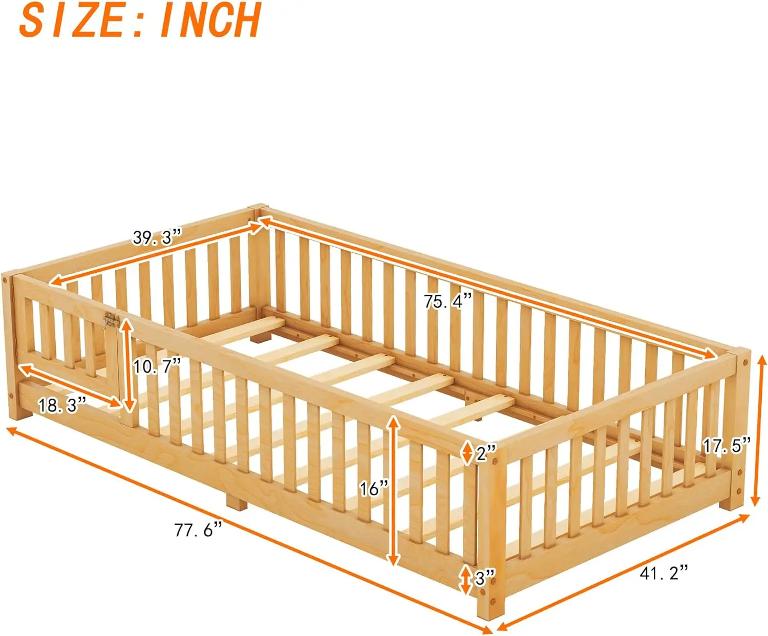 Floor Bed with Slats and Center Support Bar, Wood Montessori Floor Bed with Fence and Door, Kids Montessori Bed Twin Size, Twin