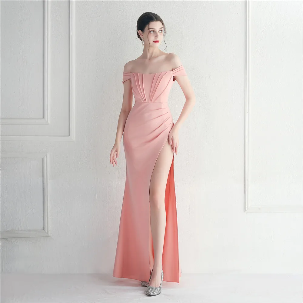 Women's Strapless Boat Neck Evening Dress Slit Sexy Open Back Slim Sweet Fresh Dress Wedding Dinner Dress