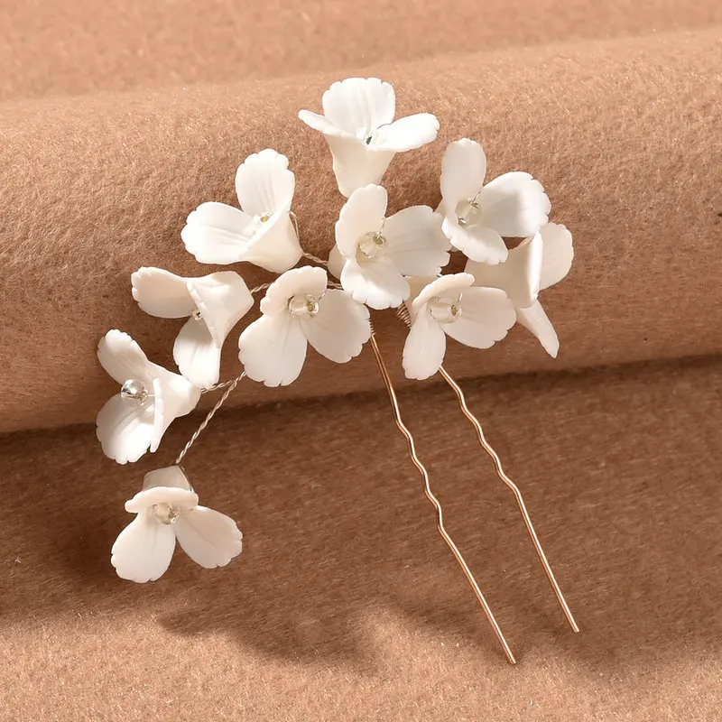 White ceramic flower hairpin crystal U-shaped hairpin bridal wedding hair accessories