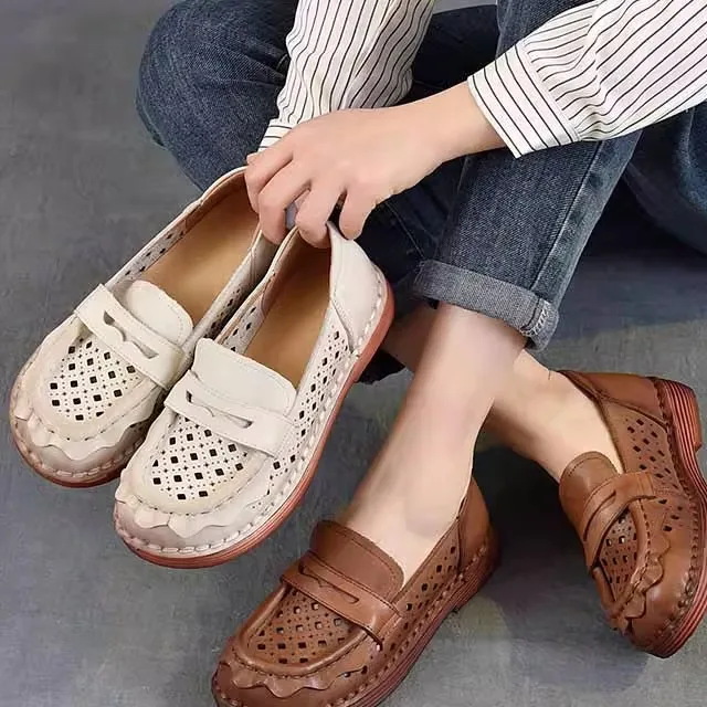 

Leather Hollow out Soft Bottom Women's Single Shoes Breathable Vintage Hole Hole Shoes Plain Heel round Toe Flat Bottom Sandals