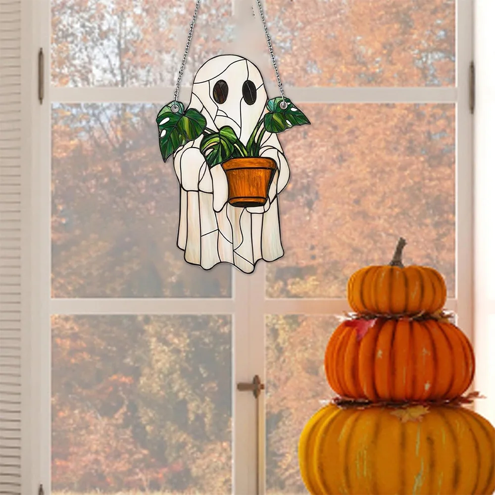 Halloween Cute Ghost Suncatcher Acrylic Window Hanging Indoor Outdoor for Family Art Wall Decor Halloween Party Gift