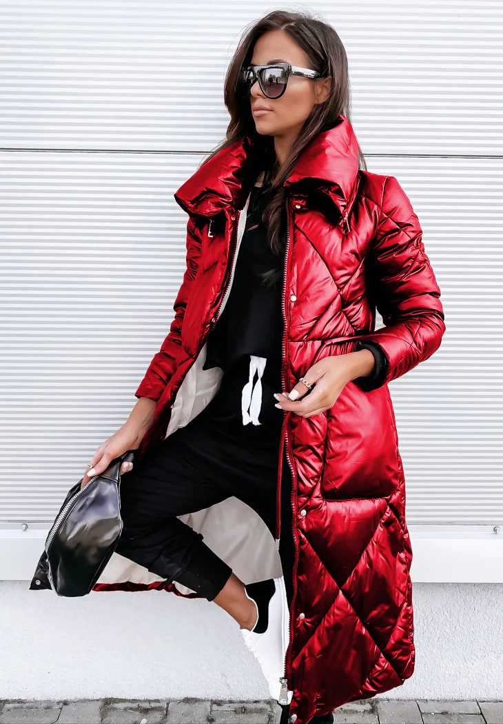 Glossy Parka Uitloper Vrouwen Lange Mouwen Revers Lange Winter Houden Warme Parka Uitloper Rits Katoen Gewatteerde Jas Jassen