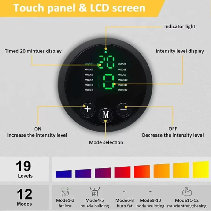 EMS Abdominal Muscle Trainer Belt 12 Modes 19 Intensity Levels 6 Conductive Silicone Pads USB Rechargeable Smart Waist Toning Massager LCD Touch Control 20 Min Timer Adjustable Unisex Ab Stimulator for Home Gym Fitness Workout