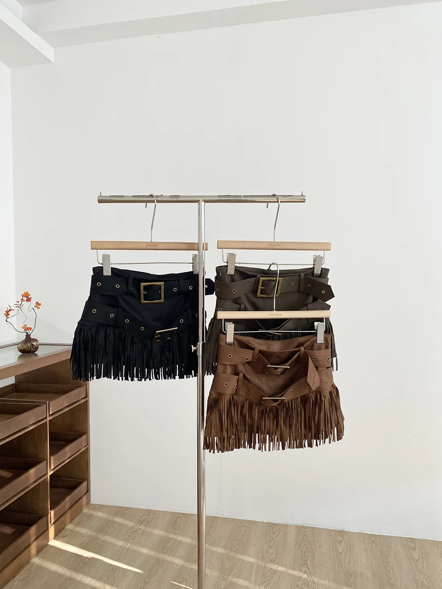 

Тяжелая рабочая замшевая юбка в стиле ретро с кисточками для женщин, дизайн с двойным поясом, высокая талия, трапециевидной силуэт, одежда для поездок на работу