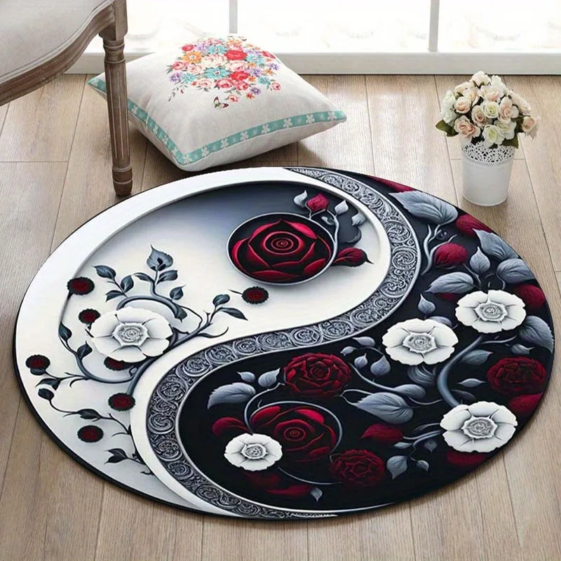 

1 шт. Коврик Инь Ян с цветочным принтом Тай Чи — можно стирать в машине, черно-белый с красными розами, круглый коврик для гостиной или спальни