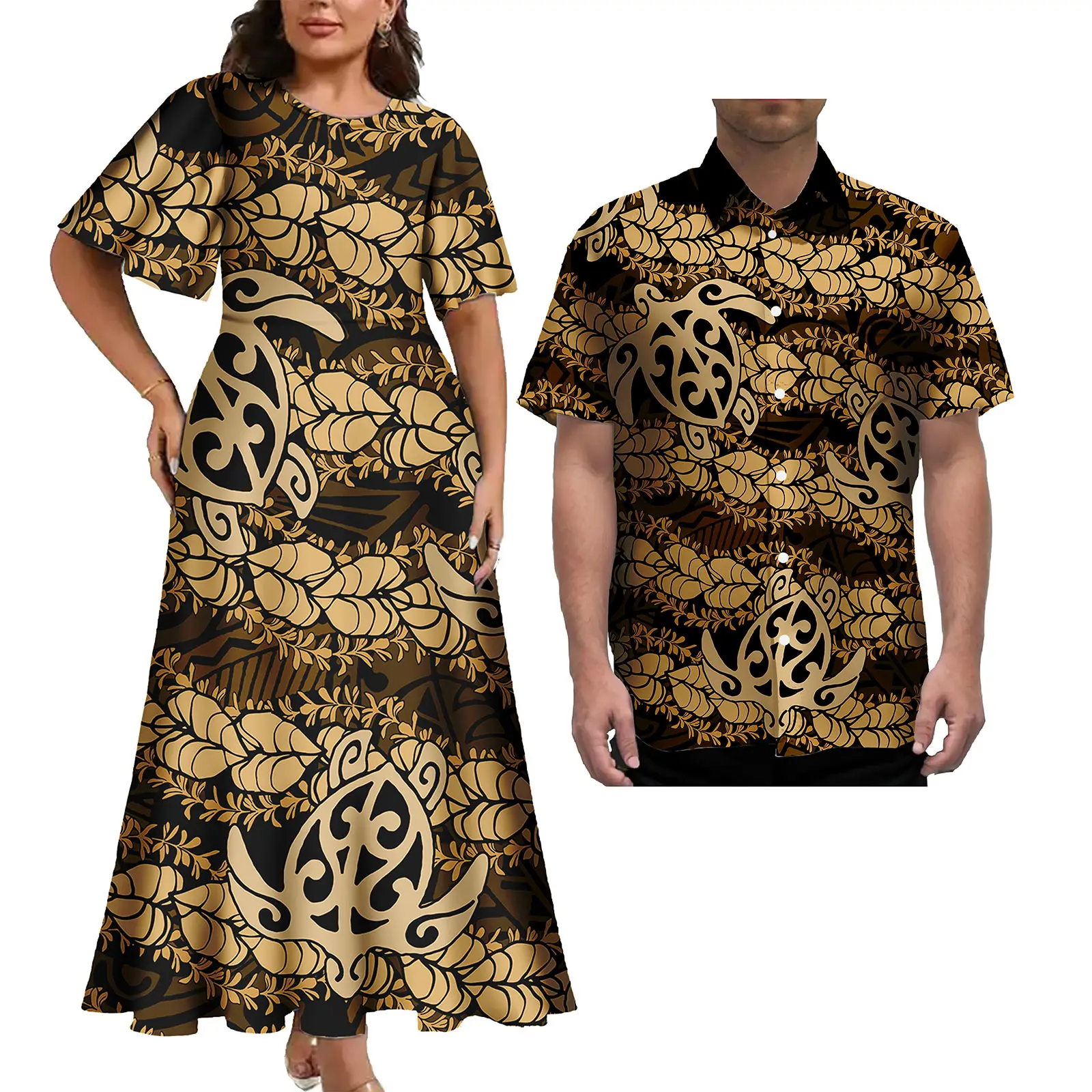 เสื้อผ้าโปลีนีเซียที่หรูหรา Samoan Tapa พิมพ์แฟชั่นคู่รักชุดจับคู่ชุดและเสื้อเชิ้ต Pacific Island สําหรับผู้ชายและผู้หญิง
