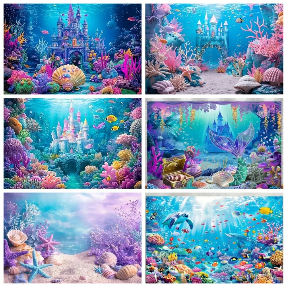 

Underwater World Castle Underwater Mermaid Theme Party Backdrop Cloth, Children's Birthday Party Decoration Photography Backdrop
